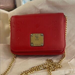 MCM Red Gold Crossbody Bag with Chain Strap
